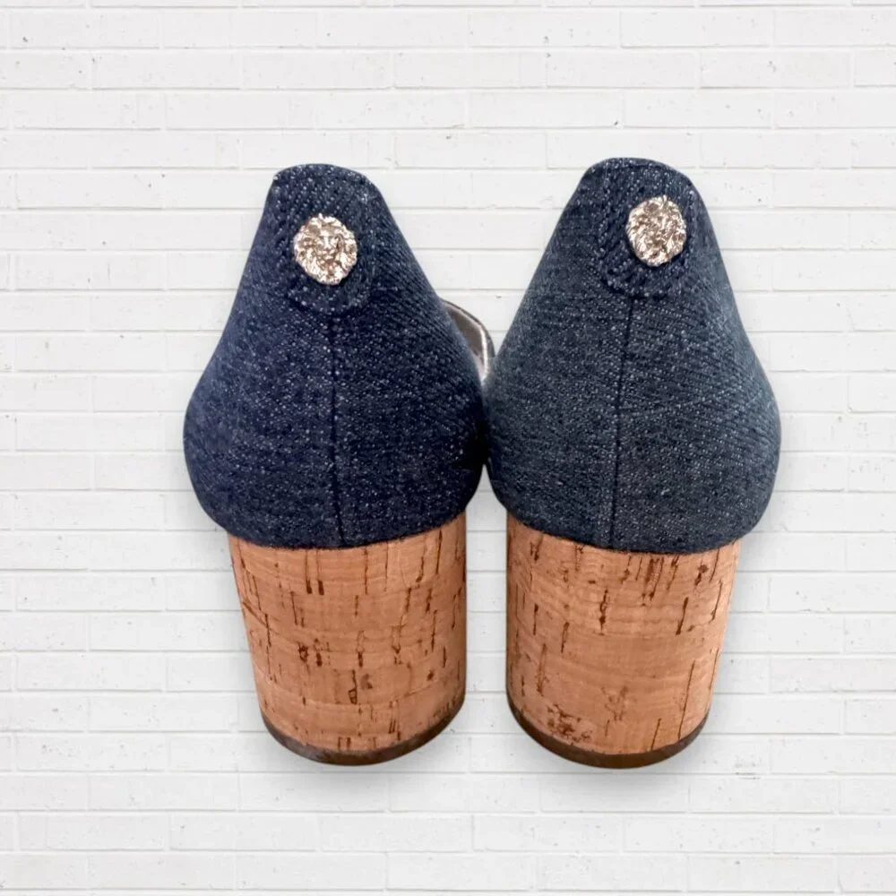 ANN KLEIN Necessity Blue Denim Round Cork Heels Shoes Women's 6 - Picture 7 of 8